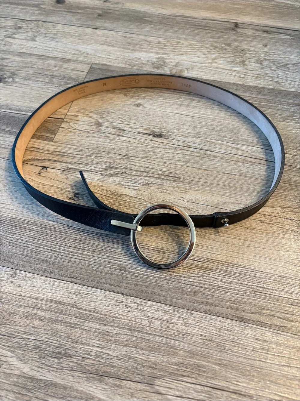 Vintage Talbots Black Leather Loop Belt | Silver O-Ring | 90s Minimalist